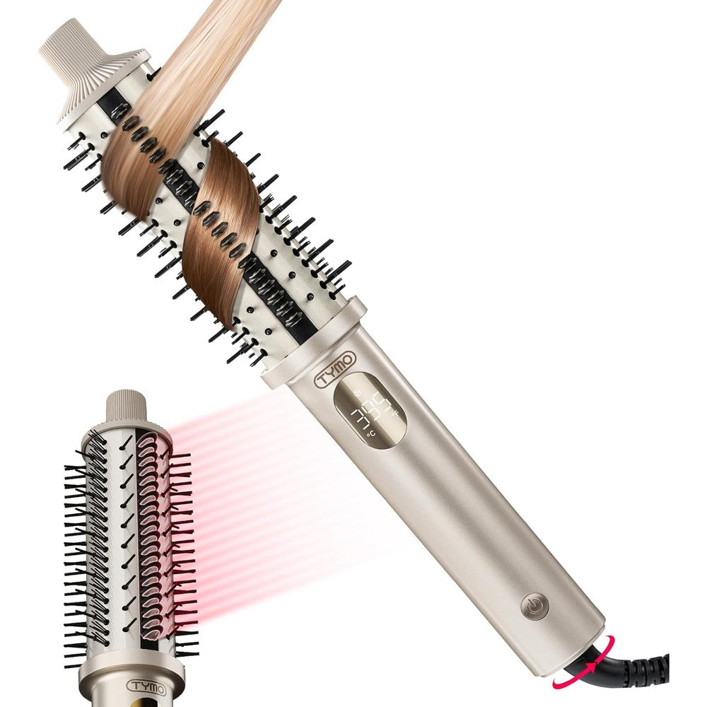 TYMO Stylux Pro Thermal Brush front view showing the 1.5 inch gold ceramic barrel and LCD digital display.