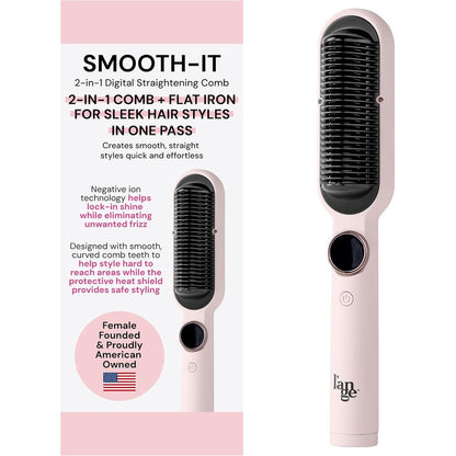 L'ANGE HAIR Smooth-It 2-in-1 Hot Comb Straightener front view showing the digital display and blush finish.