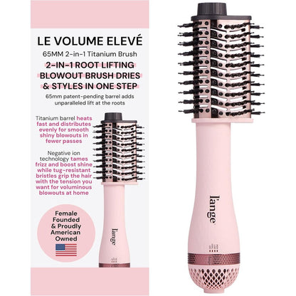 L'ANGE HAIR Le Volume Elevé 65MM 2-in-1 Titanium Brush Dryer front view showing the blush pink handle and teardrop barrel.
