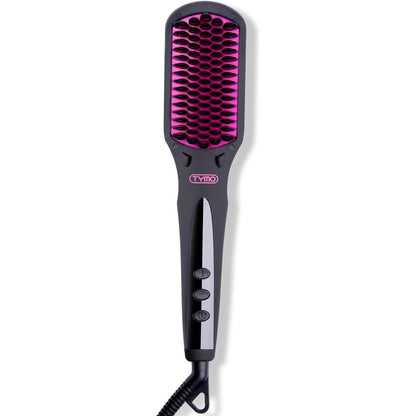 TYMO Ionic Hair Straightener Brush front view showing matte black handle and digital LCD display