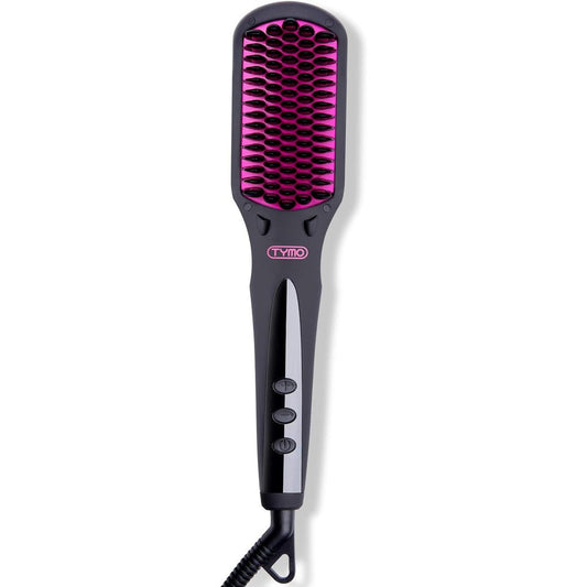 TYMO Ionic Hair Straightener Brush front view showing matte black handle and digital LCD display