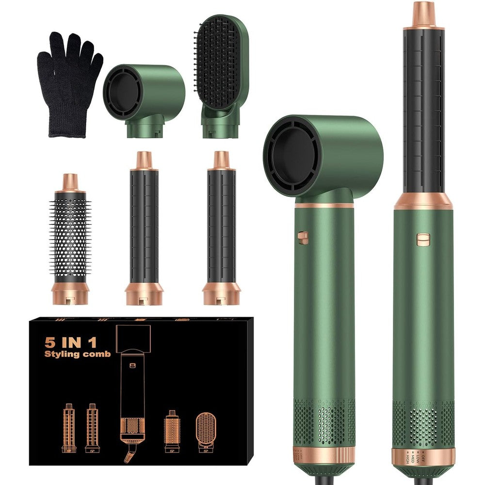 OKWRAP 5 in 1 Blow Dryer Brush premium black finish front view displaying interchangeable heads.