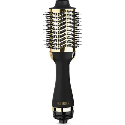 Hot Tools 24K Gold Blow Dryer Brush front view showcasing the premium gold barrel and charcoal-infused bristles.