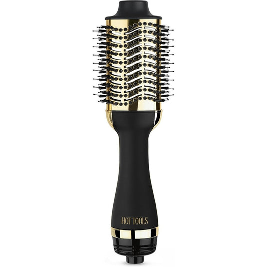 Hot Tools 24K Gold Blow Dryer Brush front view showcasing the premium gold barrel and charcoal-infused bristles.