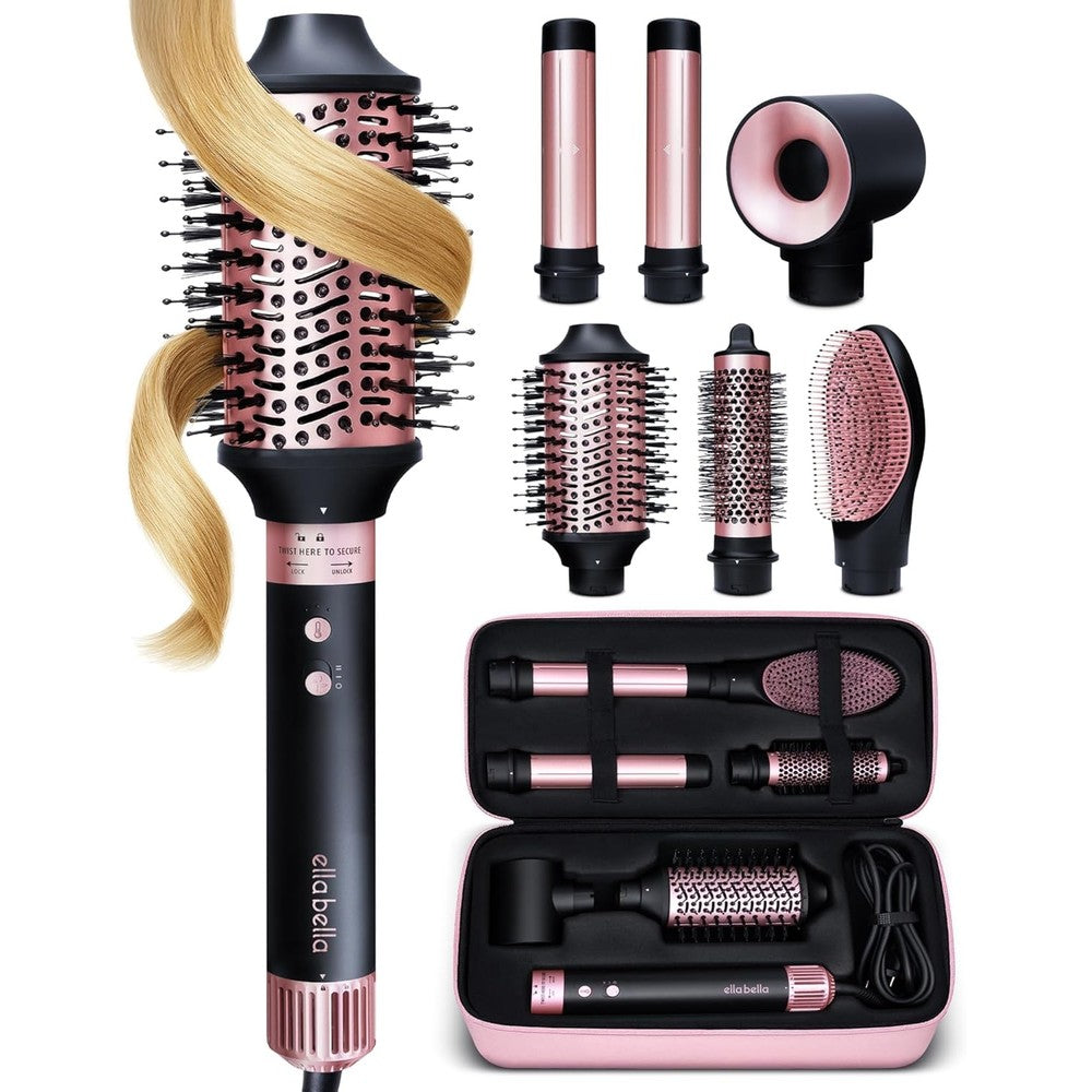 Ella Bella 6 in 1 Professional Hot Air Styler front view showing main power handle and premium attachments