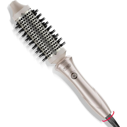 TYMO STYLUX Thermal Brush front view showing the gold ceramic barrel and adjustable nylon bristles for professional hair styling.