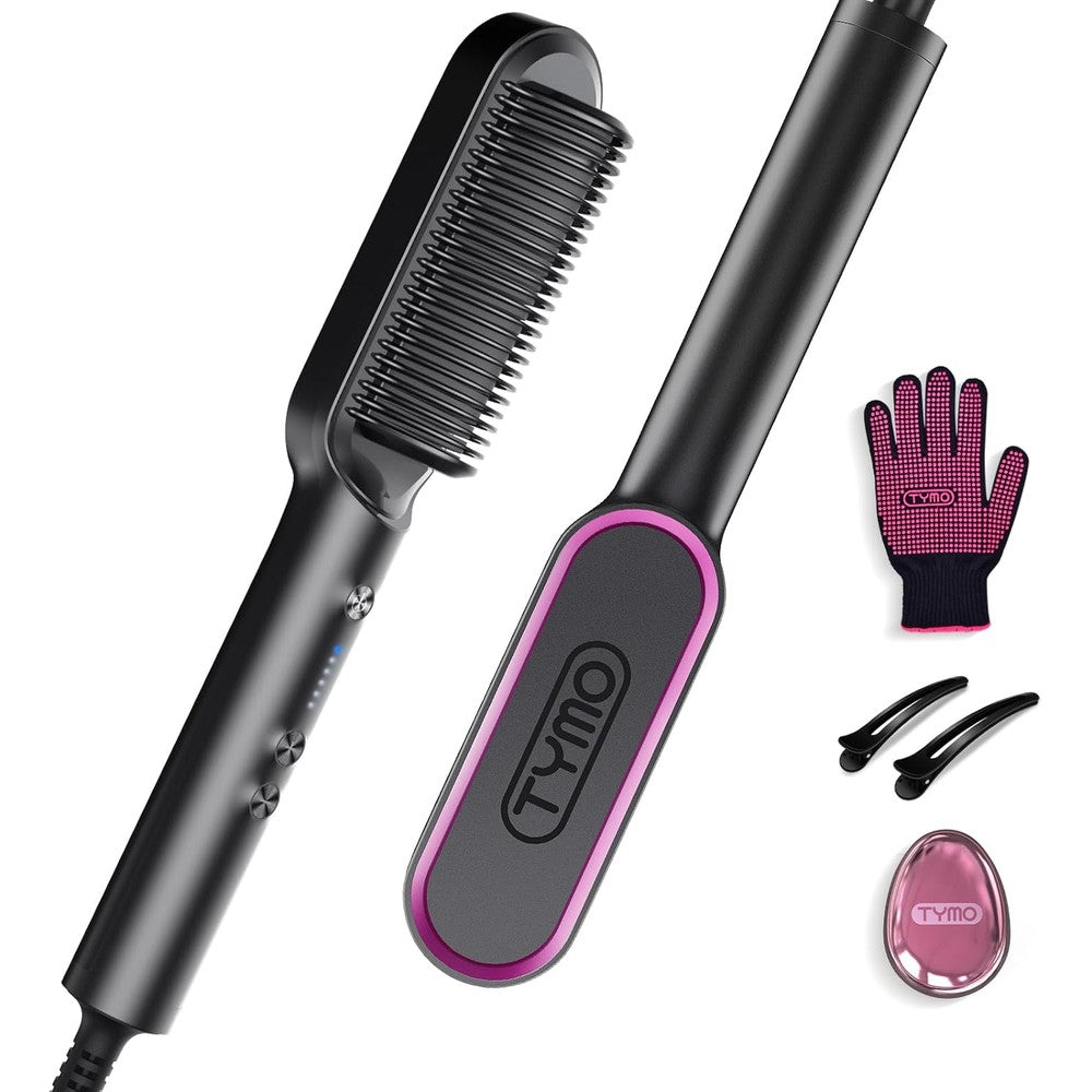 TYMO Ring Hair Straightener Brush front view showing the patented black 3D ceramic comb teeth.