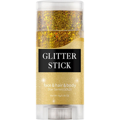 Mysense Face and Body Glitter Stick Gold front view showing the twist-up packaging and holographic gold cosmetic gel.