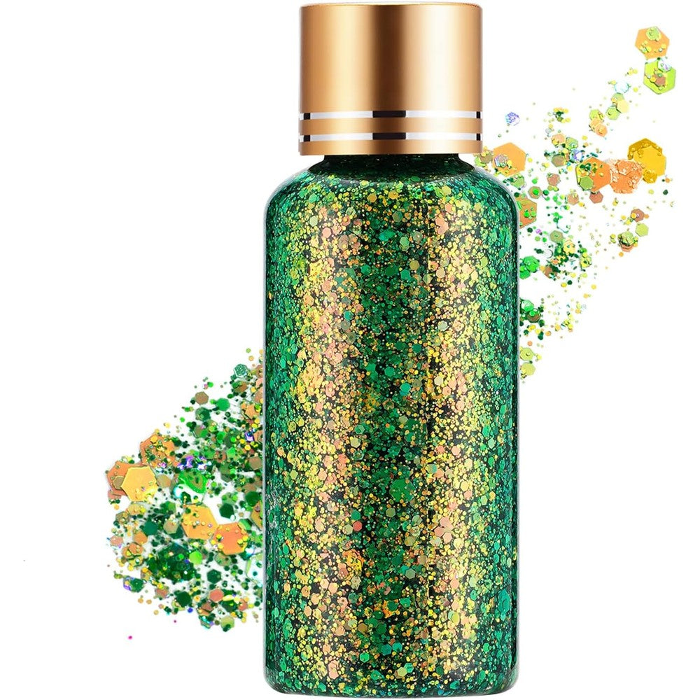 URQT green gold holographic body glitter gel front view container for festive makeup looks