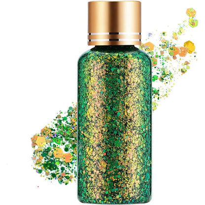 URQT green gold holographic body glitter gel front view container for festive makeup looks