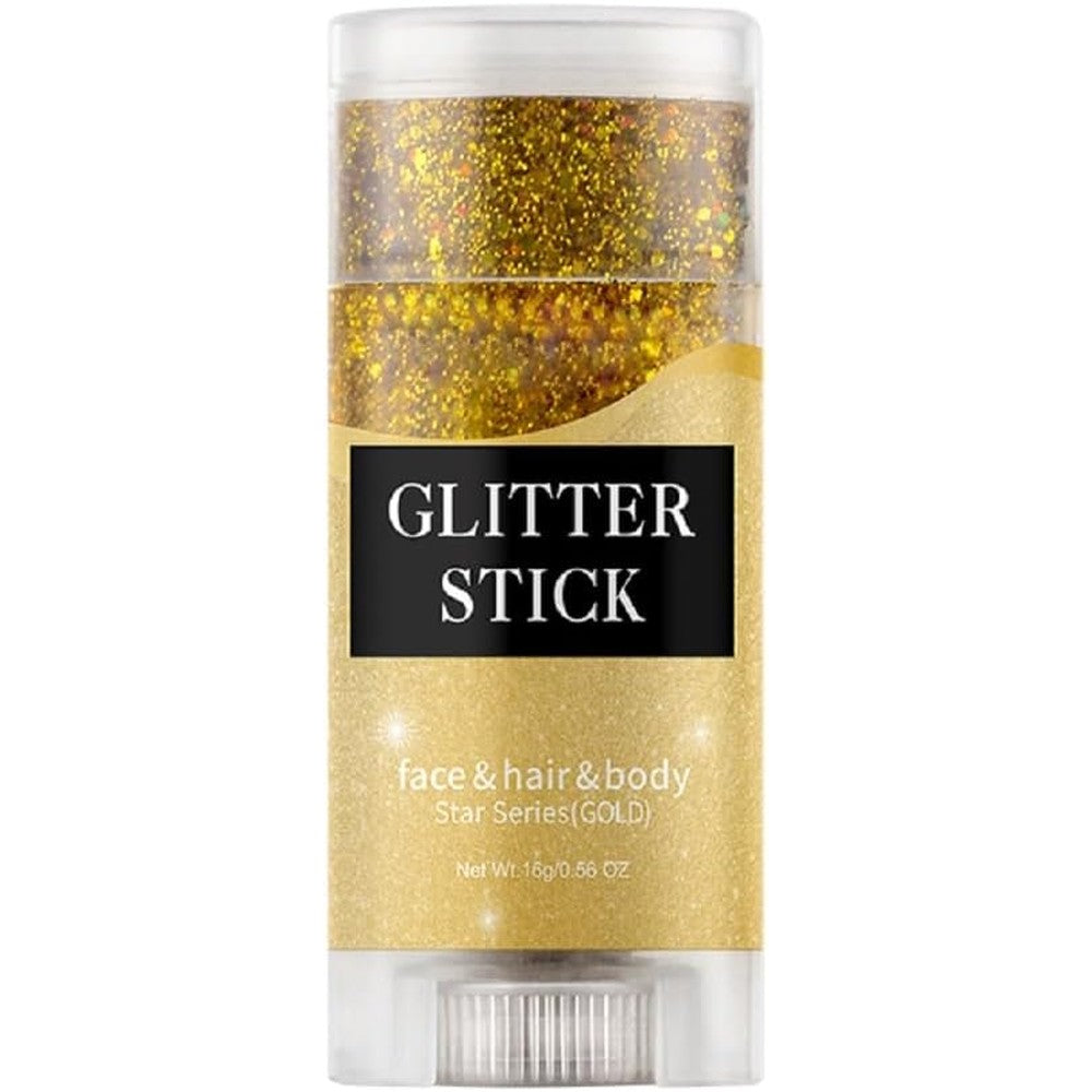 Mysense gold face and body glitter stick front view showing packaging for festival makeup.