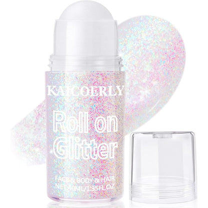 KAICOERLY Roll On Holographic Body Glitter Gel Pastel front view bottle showcasing chunky sequins