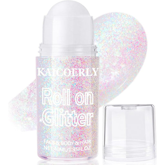 KAICOERLY Roll On Holographic Body Glitter Gel Pastel front view bottle showcasing chunky sequins
