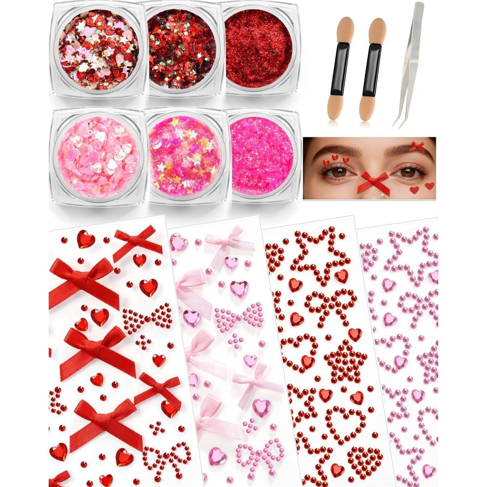 Generic red bow face gems and body glitter gel set front package view showing colorful shapes