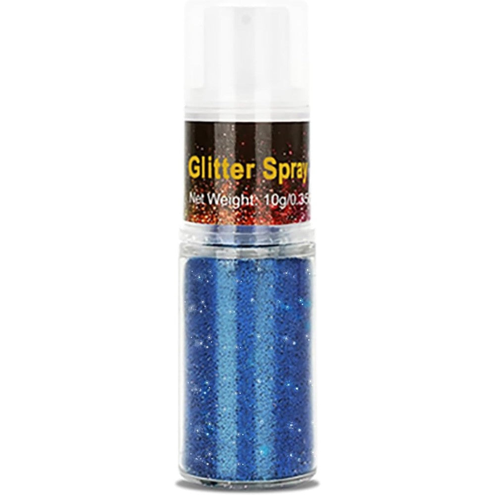 Go Ho Hair and Body Glitter Spray front view of blue holographic pump bottle packaging