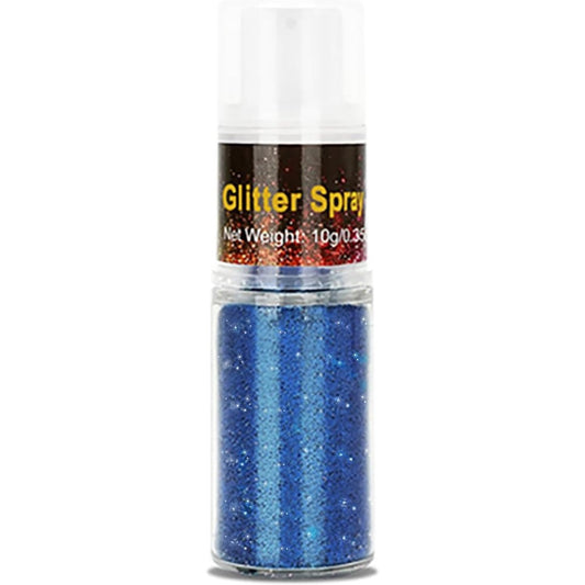 Go Ho Hair and Body Glitter Spray front view of blue holographic pump bottle packaging