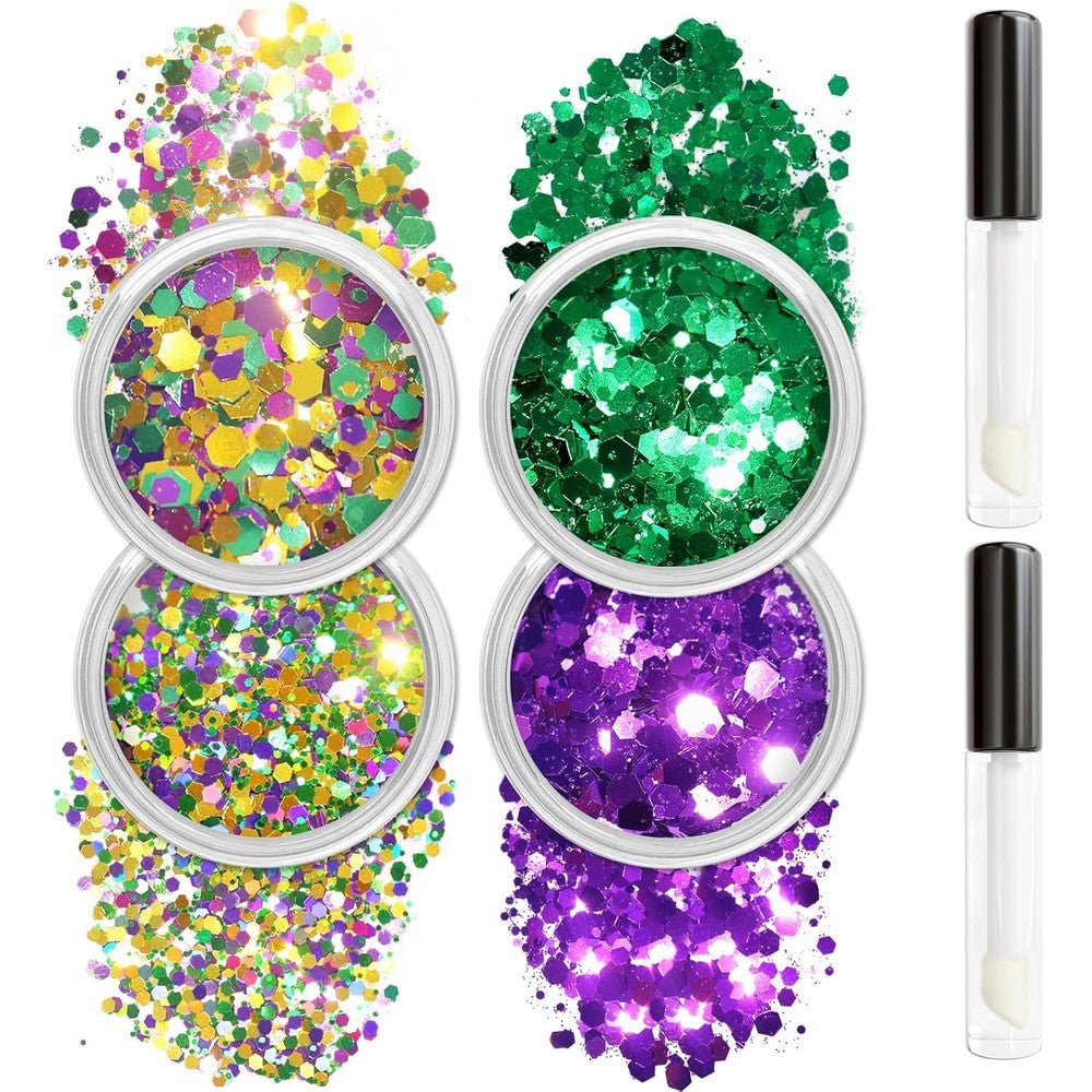 Allstarry Mardi Gras Face Glitter set front view showing four jars of purple green and gold chunky cosmetic glitter