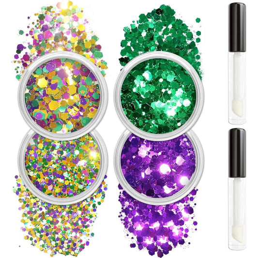 Allstarry Mardi Gras Face Glitter set front view showing four jars of purple green and gold chunky cosmetic glitter