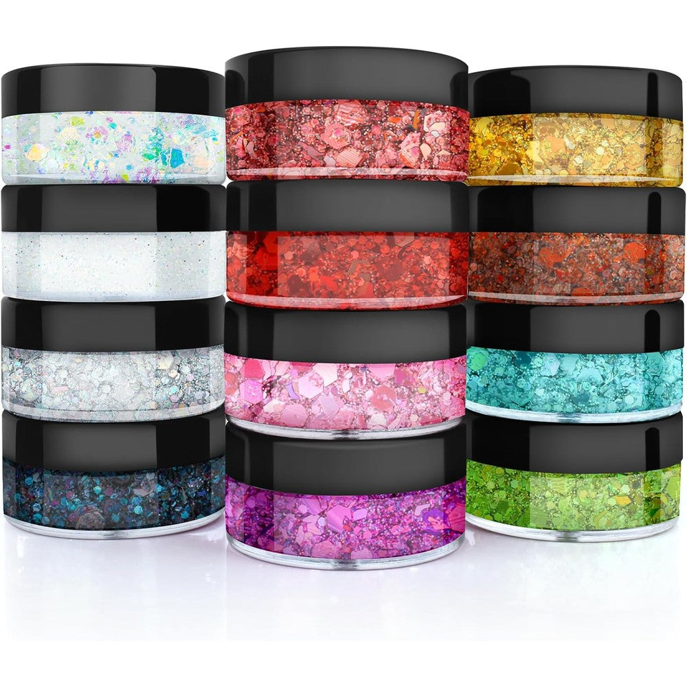 YGQQOY Holographic Concerts Festival Rave Chunky Glitter Gel twelve piece set front view showing vibrant cosmetic shades