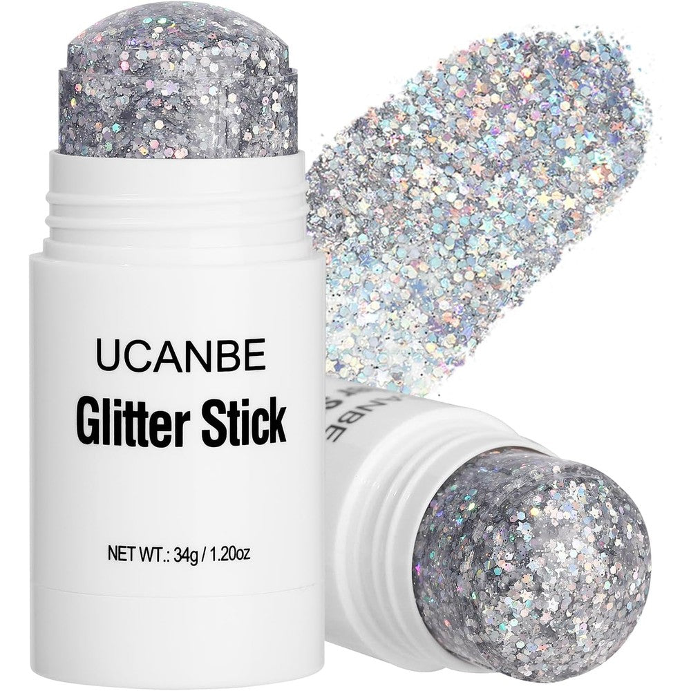 UCANBE Silver Body Glitter Stick front view showing the festival makeup packaging