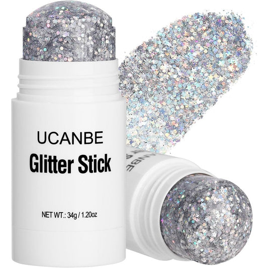 UCANBE Silver Body Glitter Stick front view showing the festival makeup packaging