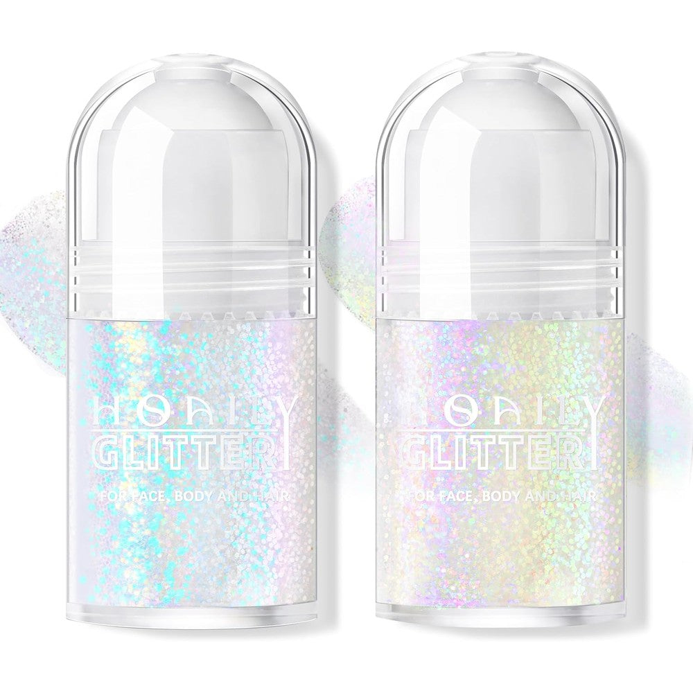 HOSAILY 2 Colors Roll-on Body Glitter Gel front view showing Golden Ocean and Neon Violet bottles