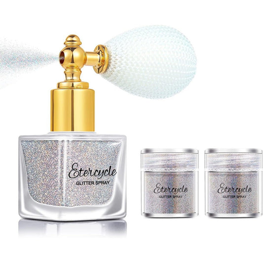 Etercycle Silver Body Glitter Spray front view showing the vintage style perfume bottle with white atomizer bulb.