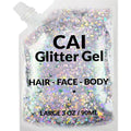 Cai Beauty Nyc face body and hair silver glitter gel front view pouch packaging