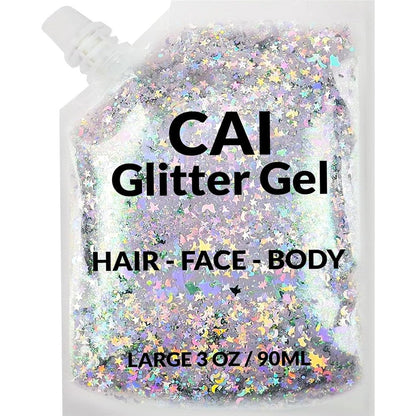CAI BEAUTY NYC silver glitter gel with holographic stars and moon shapes for face and hair