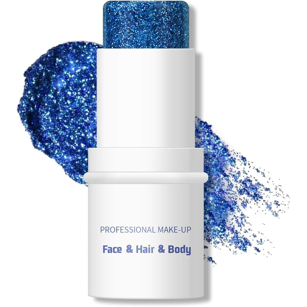 KYDA Body Glitter Stick front view showing the blue holographic chunky gel packaging.