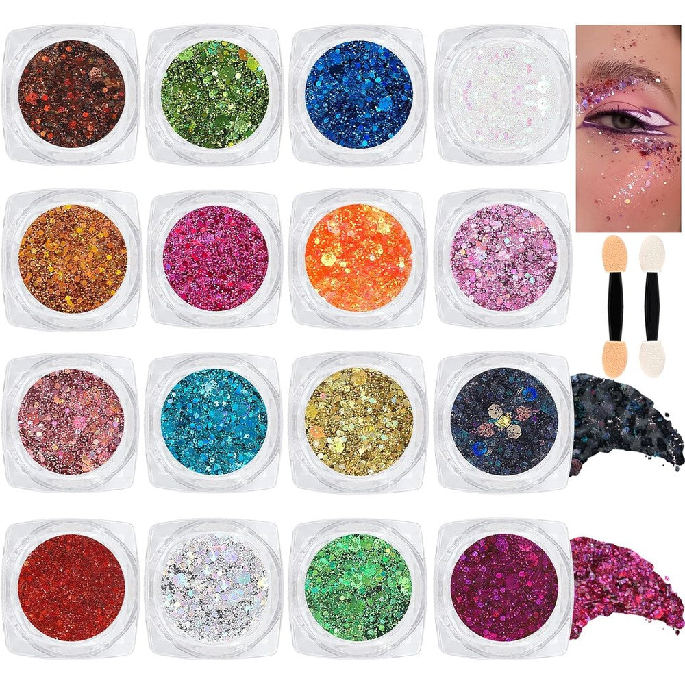 ANGXILIN 16 Colors Chunky Fine Mixed Holographic Glitter Gel Set front view showing individual jars and applicator tools.