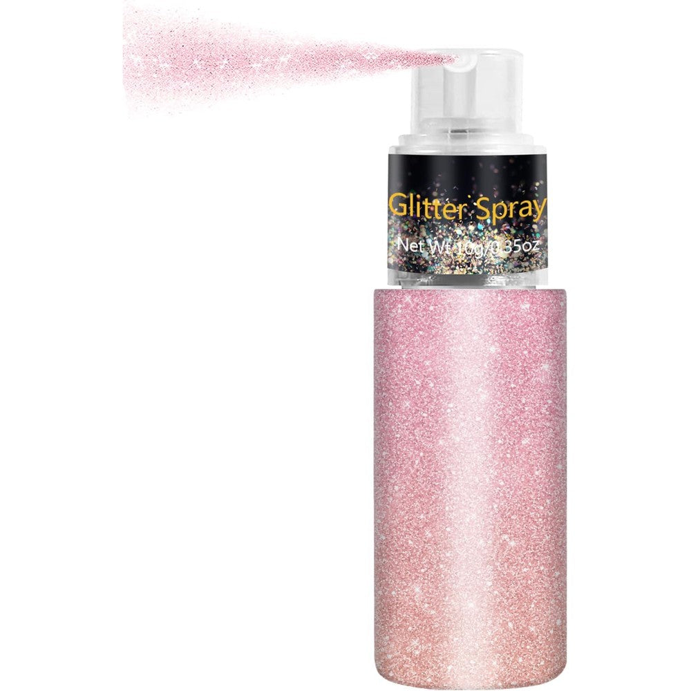 Meilury Hair and Body Glitter Spray front view of pink bottle packaging.