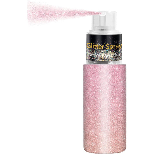 Meilury Hair and Body Glitter Spray front view of pink bottle packaging.