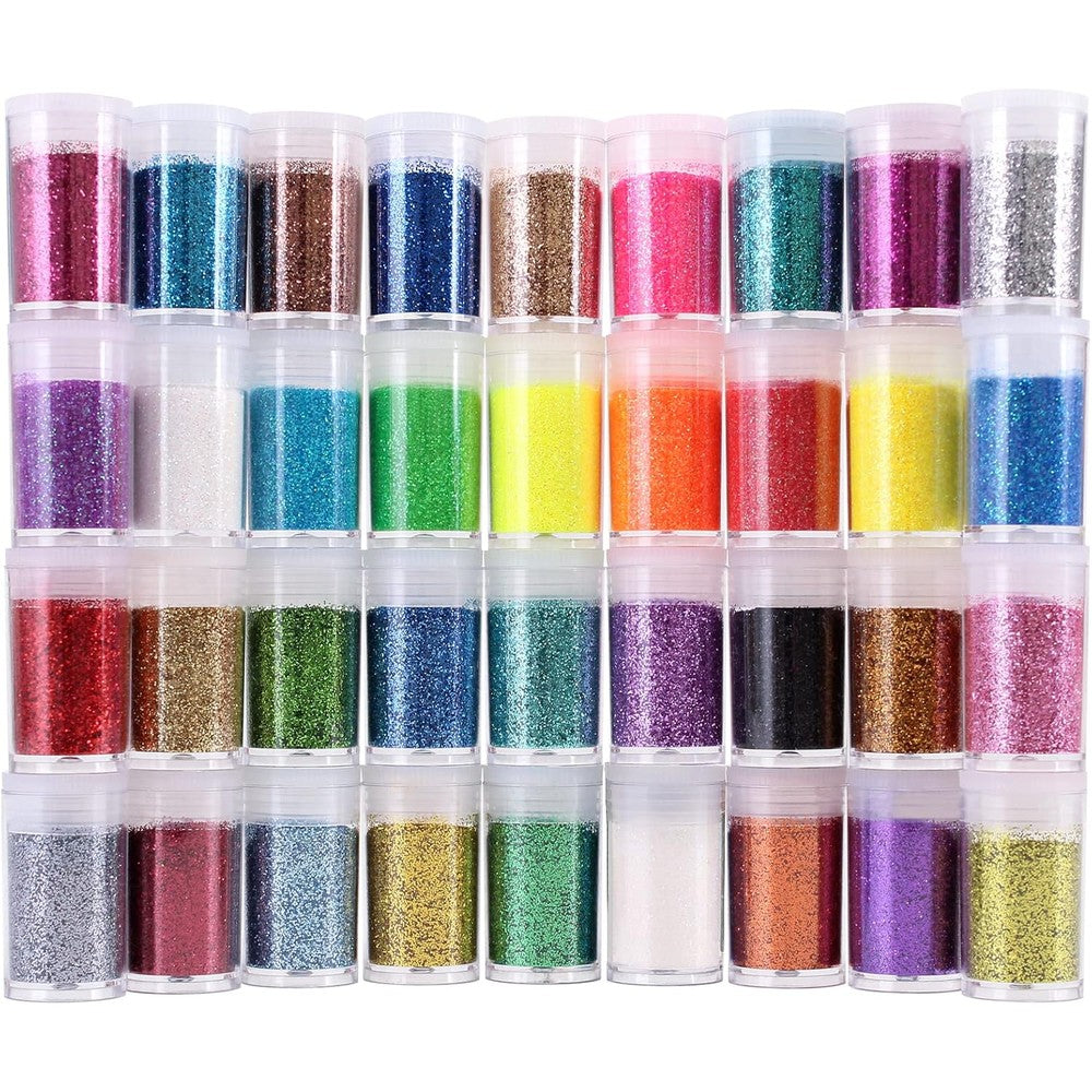 Licool Glitter thirty-six colors fine glitter set front view showcasing vibrant jars for multi-purpose arts and crafts