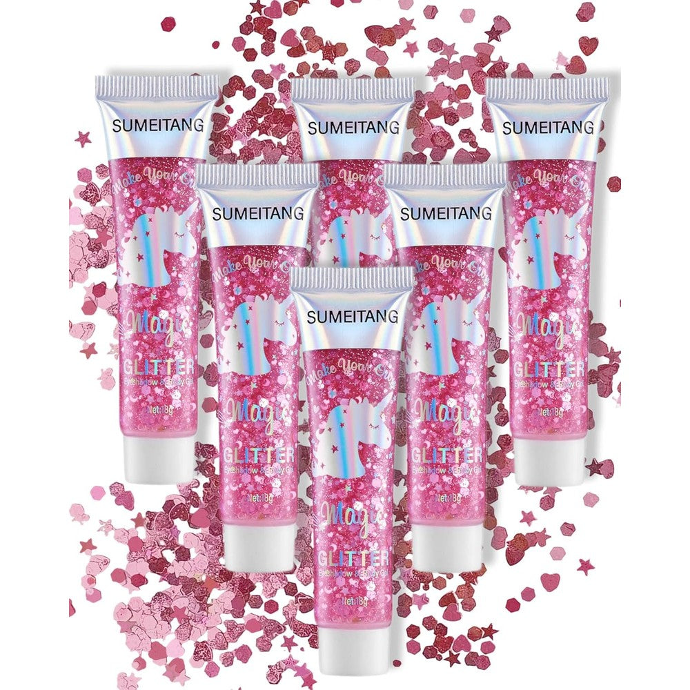 SUMEITANG Pink Face And Body Glitter Gel front packaging view showing six tubes of holographic festival cosmetics.