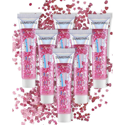SUMEITANG Pink Face And Body Glitter Gel front packaging view showing six tubes of holographic festival cosmetics.