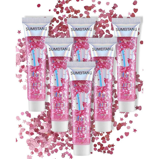 SUMEITANG Pink Face And Body Glitter Gel front packaging view showing six tubes of holographic festival cosmetics.