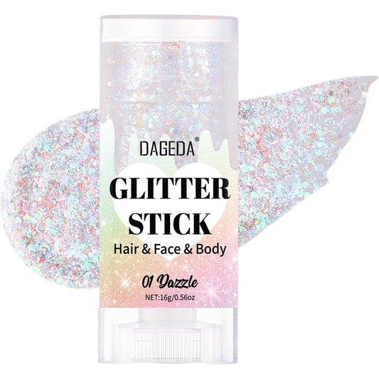 DAGEDA Dazzle Body Glitter Stick front view showing the holographic packaging and product twist-up mechanism