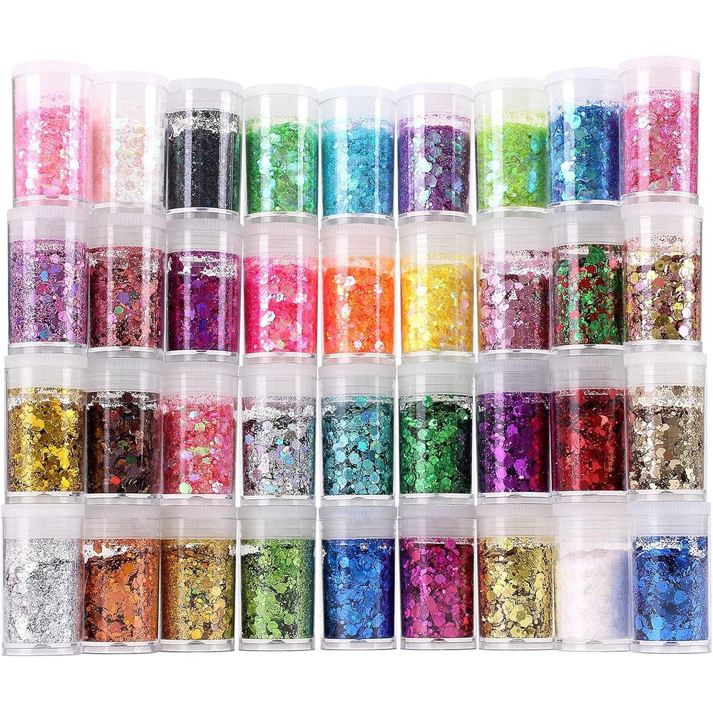 Estanoite chunky and fine glitter mix thirty six colors front view showing assorted vibrant jars