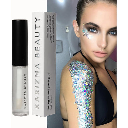 KARIZMA Beauty Cosmetic Glitter Glue front view of the tube with precision applicator brush.