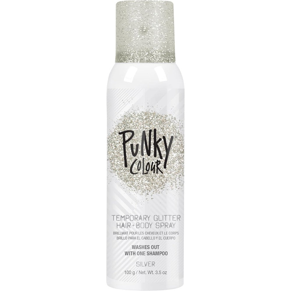 Jerome Russell Punky temporary hair and body glitter spray silver front view