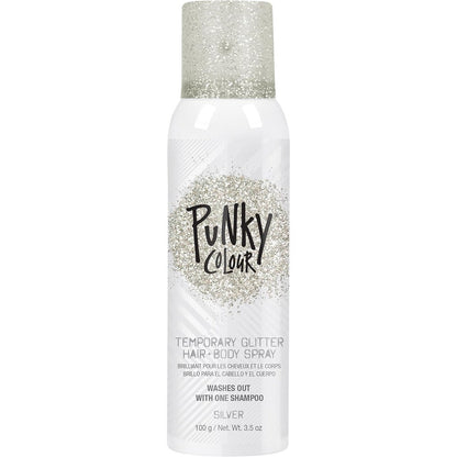 Jerome Russell Punky Temporary Hair and Body Glitter Spray Silver front view packaging