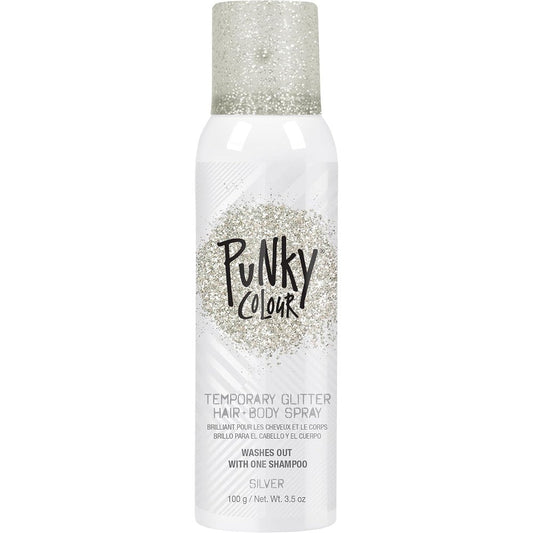 Jerome Russell Punky Temporary Hair and Body Glitter Spray Silver front view packaging