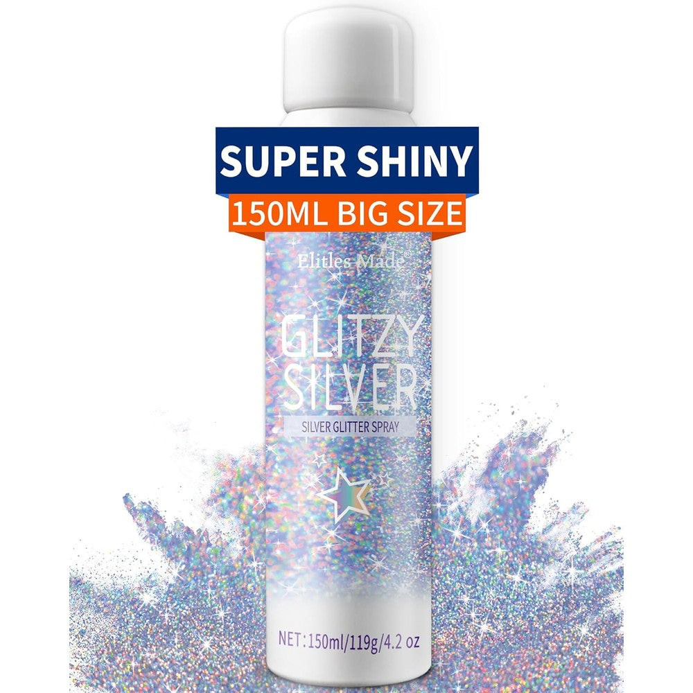 Elitles Made holographic silver hair and body glitter spray front packaging bottle view