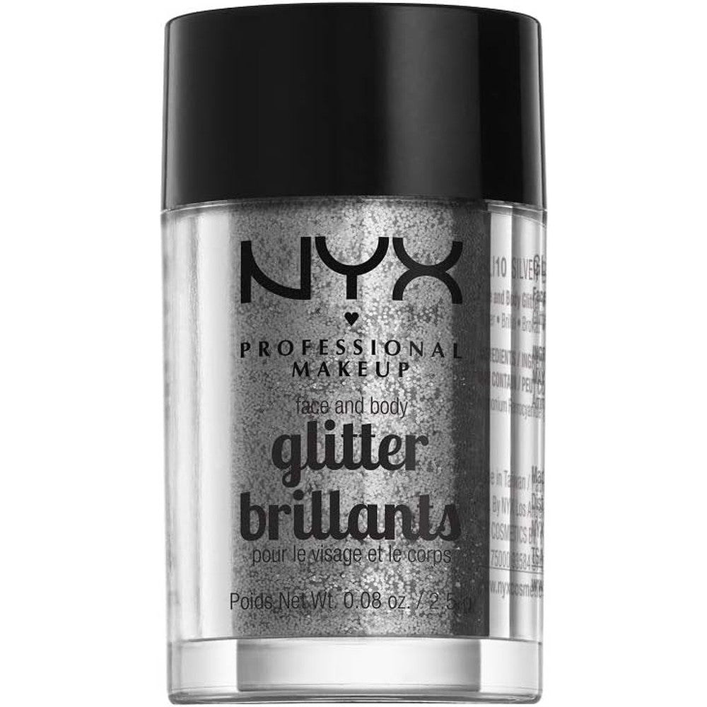 NYX Professional Makeup Face and Body Glitter Silver loose powder bottle front view