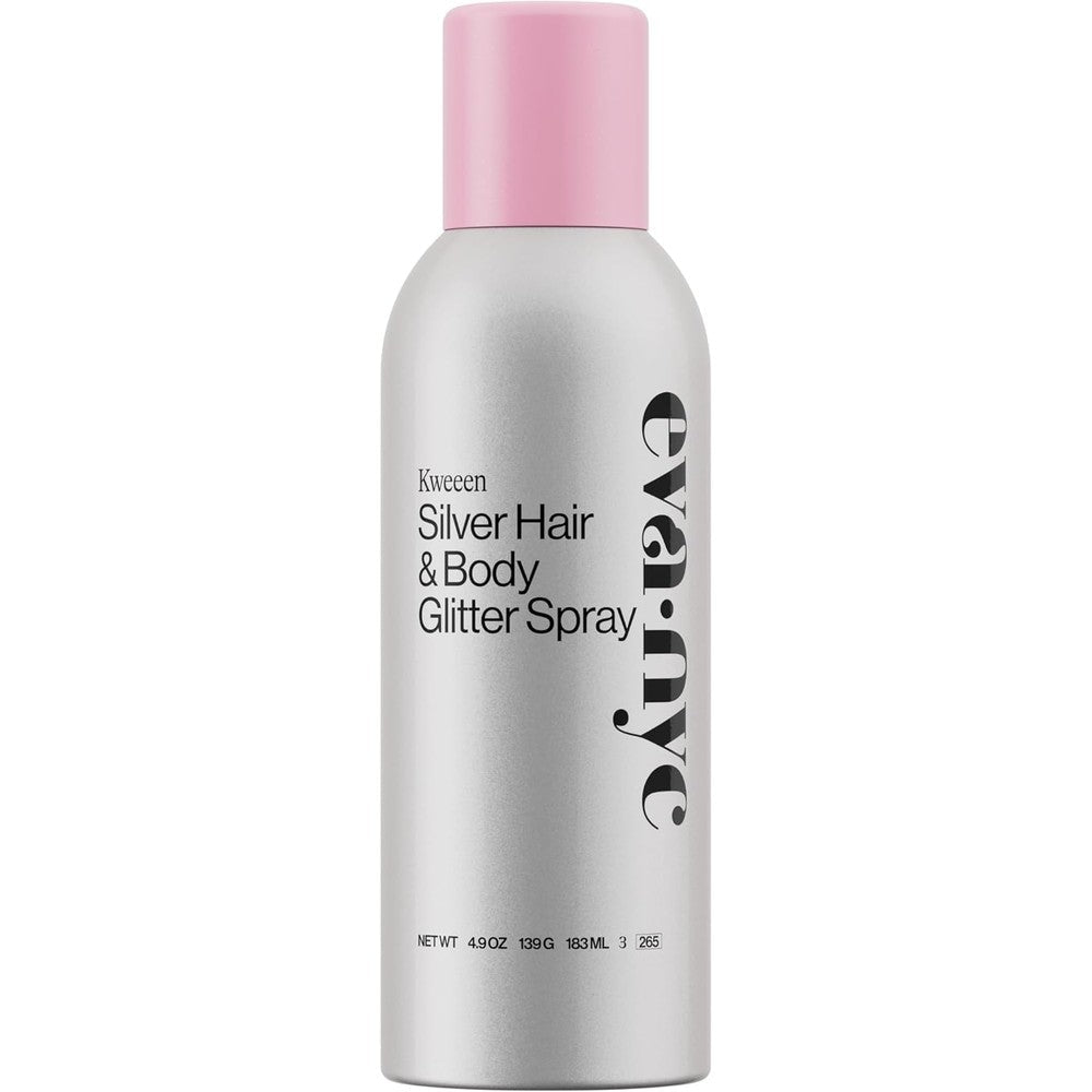 Eva NYC Kweeen Silver Hair and Body Glitter Spray front view of the aluminum aerosol bottle with pink cap