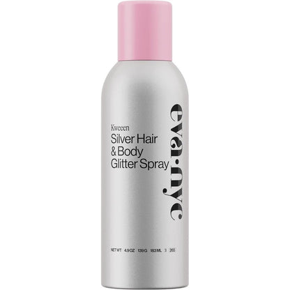 Eva NYC Kweeen Silver Hair and Body Glitter Spray front view of the aluminum aerosol bottle with pink cap
