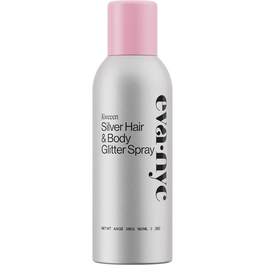 Eva NYC Kweeen Silver Hair and Body Glitter Spray front view of the aluminum aerosol bottle with pink cap
