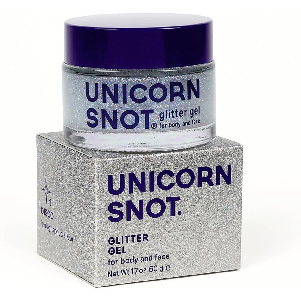 Unicorn Snot Holographic Face and Body Glitter Gel jar front view highlighting Disco Silver packaging.