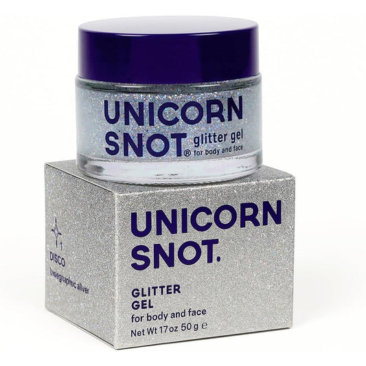 Unicorn Snot Holographic Face and Body Glitter Gel jar front view highlighting Disco Silver packaging.